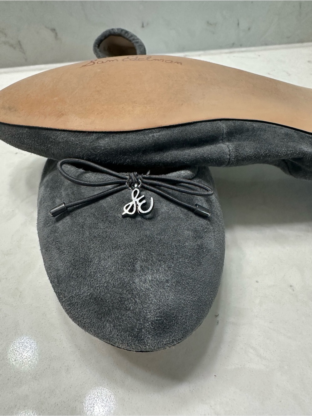 Stuart Weitzman Charcoal Suede Bow Ballet Flats - Picture 5 of 10